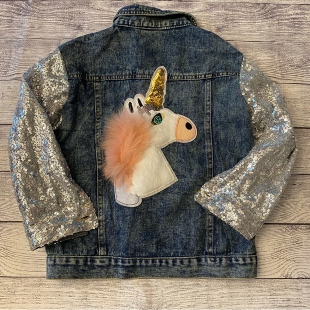 Unicorn Sequin Jean Jacket Denim Raised Unicorn Plush Silver Sequin Arm SZ Small